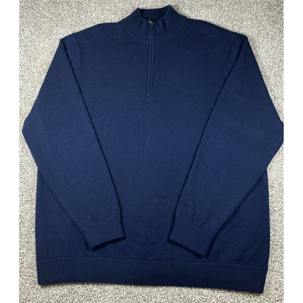 Tom James 1/4 Zip 100% Cashmere Knit Sweater Mens XXL Pullover Navy Blue Preppy